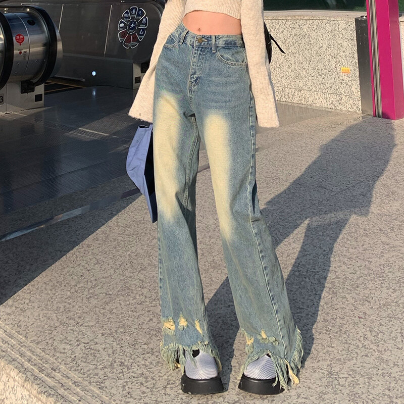 Donne Vintage Y2K Emo Streetwear fata Grunge Jeans larghi pantaloni in Denim pantaloni strappati Alt dritto a vita alta Harajuku vestiti