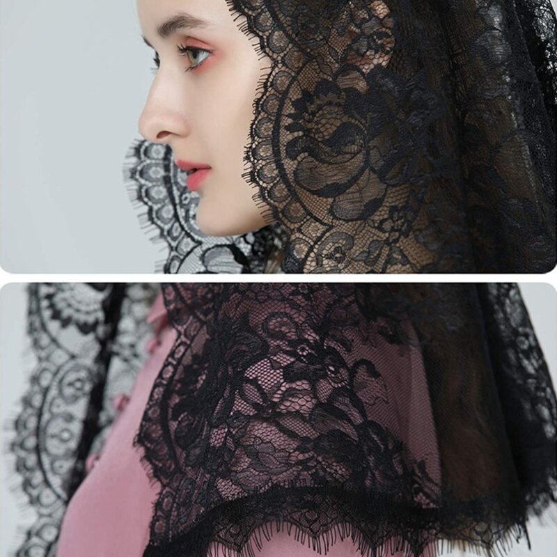 Lace Mantilla Veil Soft and Comfortable Black Spanish Exquisite Rose Lace Veil for Head Covering for Women Girls