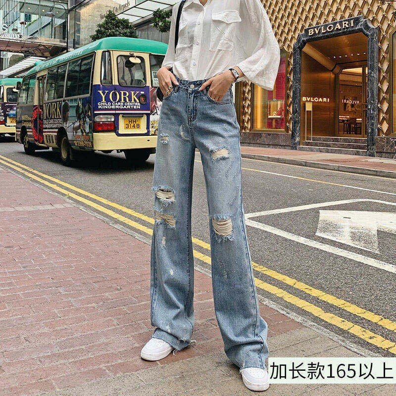 5xl Plus ขนาดกางเกงยีนส์แต่งลายขาดๆสำหรับผู้หญิงสูงเอวกว้างขากางเกงยีนส์ Lady Streetwear หลวมตรงกางเกงยีนส์กางเกง