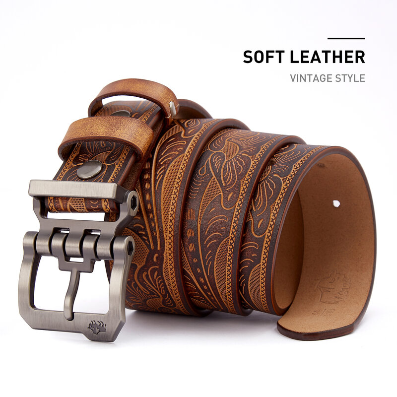 2024 Belts Without Buckle Two Layer Embossed Cowhide No Buckle Strap Pin Buckle Belt Body High Quality Male Belts Free Shipping