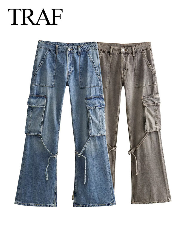 TRAF 2023 autunno moda Casual solido pantaloni a vita alta femminile Denim pantaloni gamba larga Y2K Jeans donna pantaloni Cargo lunghi