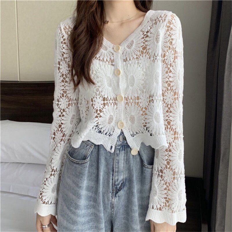 Top Coat All-match Cardigan Short Clothing Women's Embroidered Hollow Long-sleeved Beach Clothes Sunscreen Shirt