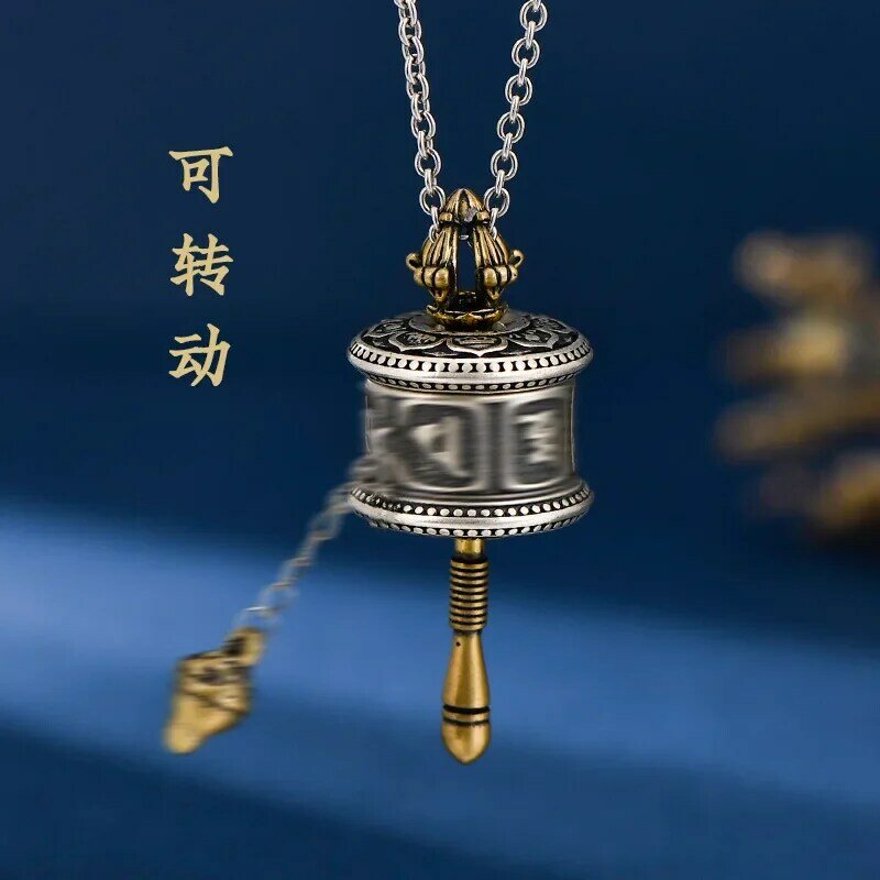 S925 liontin roda Mantra enam karakter gaya etnik perak delapan harta karun roda keberuntungan kalung Buddha Tibet dapat diputar
