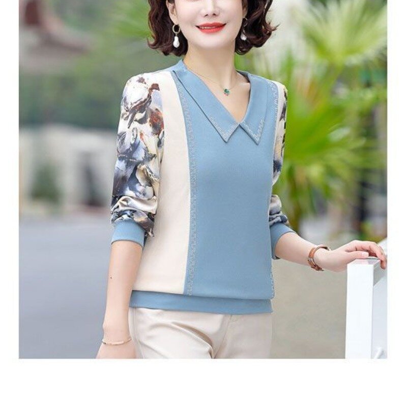 Fashionable Spring New Large Women's Middle Aged Round Neck Spliced Long Sleeved Printed Pullover Commuter T-shirts Bottom Tops