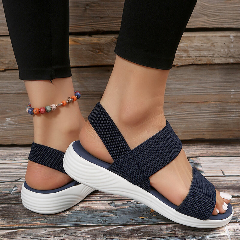 Sandálias femininas de tecido elástico de malha, sapatos de caminhada leves, deslizamento confortável, plus size, verão, 2023