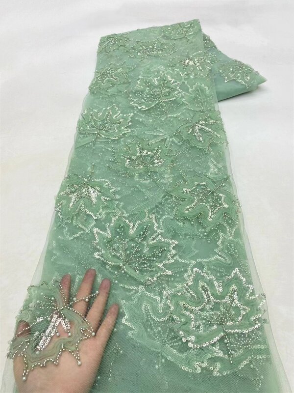Mutiara biru 3D payet kain renda Afrika kualitas tinggi bordir jala kain renda manik-manik mewah untuk gaun malam pernikahan