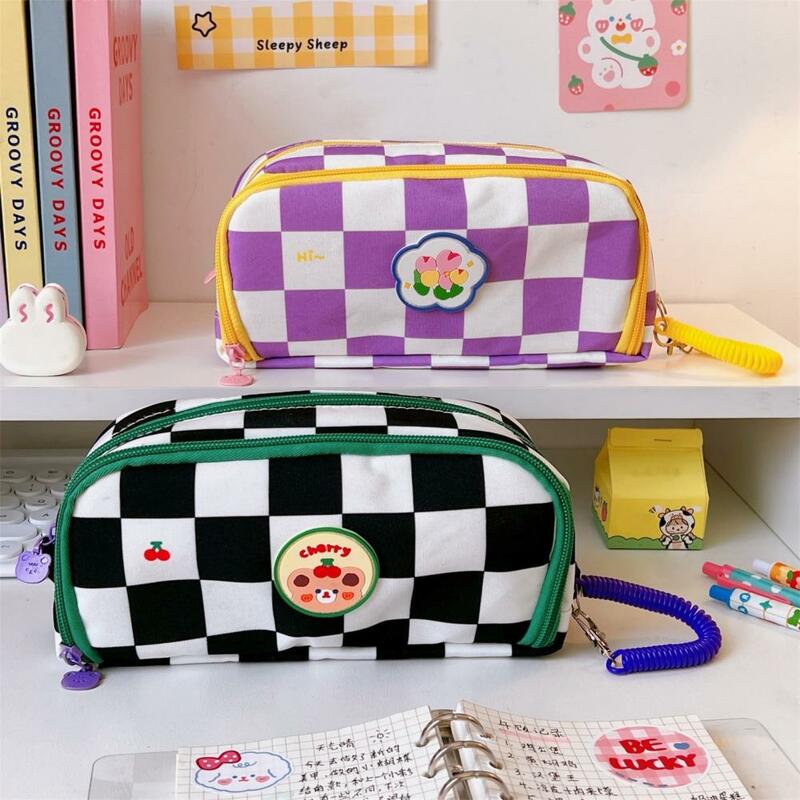 Storage Bag Large Organizer Bag Pencil Bag Stationery Box Dust-proof Thick Checkerboard Pattern Pencil Pouch School Supplies