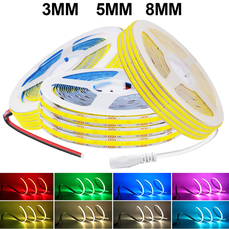 12V COB LED Strip Light 3mm 5mm 8mm Width Flexible COB Lights 320LEDs High Density Linear Light White/Warm/Natural/Pink/Yellow