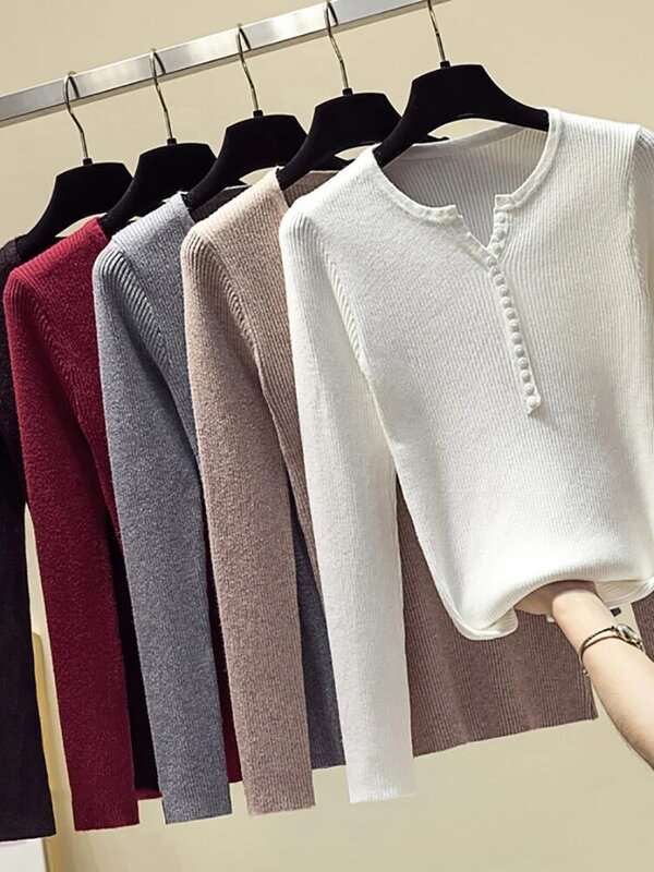 AOSSVIAO 2024 Autumn Winter Button V Neck Sweater Women Basic Slim Pullover Women Sweaters And Pullovers Knit Jumper Ladies Tops