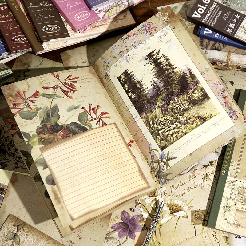 Shanbu 40 Buah/Buku Flora Mengumpulkan Ukuran Besar Bahan Vintage Kertas Dua Sisi Retro Kertas Deco Scrapbooking Kolase Alat Tulis