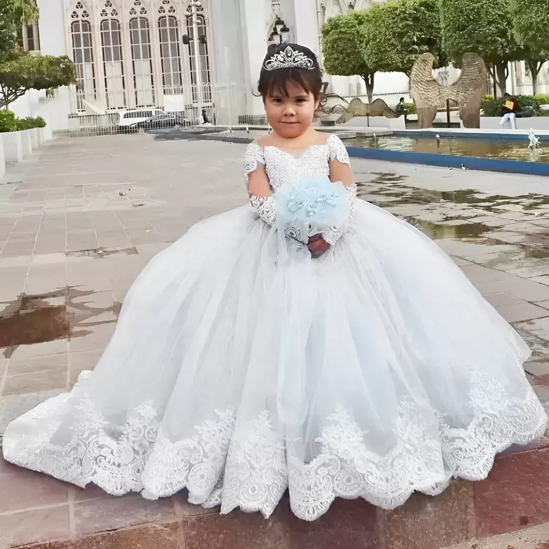 Light Blue Lace Flower Girl Dress Appliqued Puffy Long Sleeves Wedding Birthday Holiday Party Holy First Communion Gown