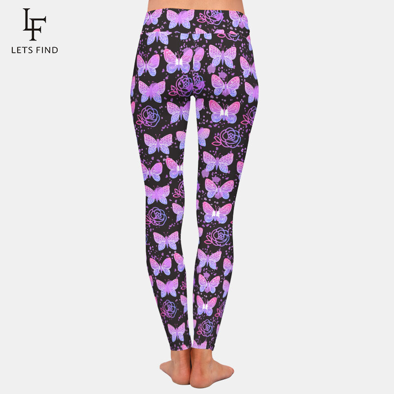 Letsfind bonito borboletas e rosas impressão digital mulheres de cintura alta leggings moda feminina elástico leggings de fitness