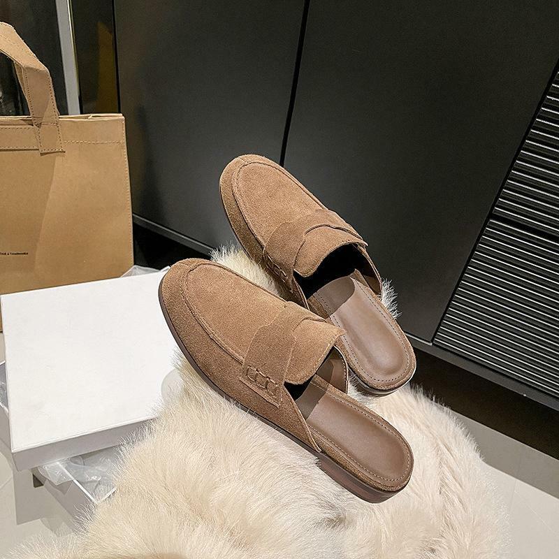 Sepatu Muller kulit asli wanita, Kasut setengah selop dasar datar Baotou musim panas