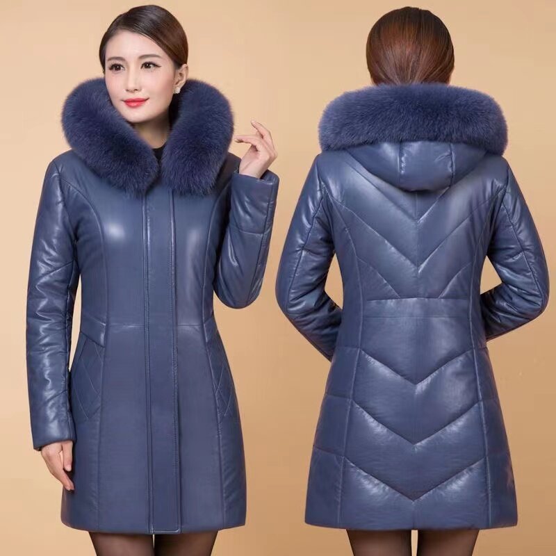 Jaket kulit PU hitam tebal untuk wanita, jaket kulit PU tebal, jaket musim dingin, jaket kulit imitasi katun panjang, mantel parka bertudung, kerah bulu untuk wanita