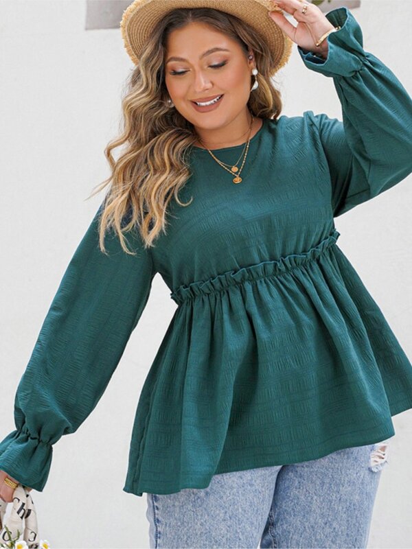 Plus Size Spring Pullover Long Sleeve Tops Women Ruffle Pleated Fashion Puff Long Sleeve Ladies Blouses Loose Casual Woman Tops