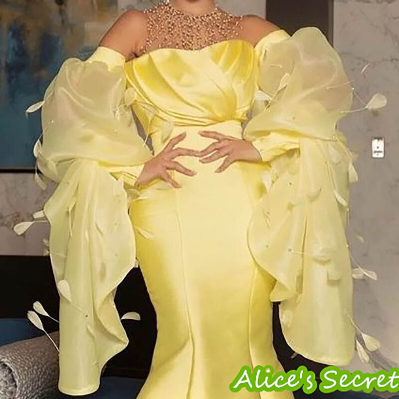 Prom Gown Evening Party Dresses Tulle Mermaid Off-Shoulder High Neck Puff Full Sleeves Feather Beading Sweep Train