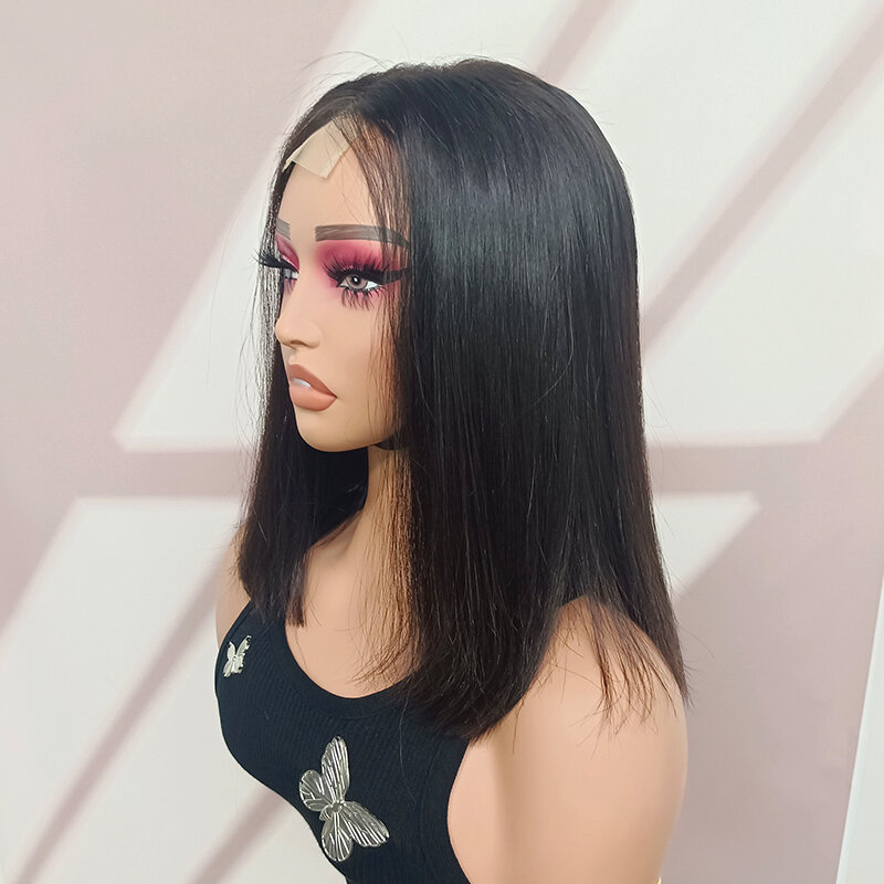 Glueless Straight Bob Wig, Front Lace, Double Drawn, Cabelo Humano, Remy Curto, Cor Natural, 2x6