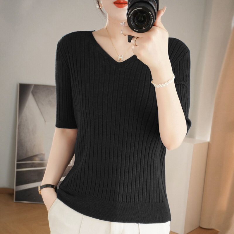 Женская трикотажная Базовая рубашка, однотонный пуловер с V-образным вырезом и короткими рукавами, весна-лето 2024