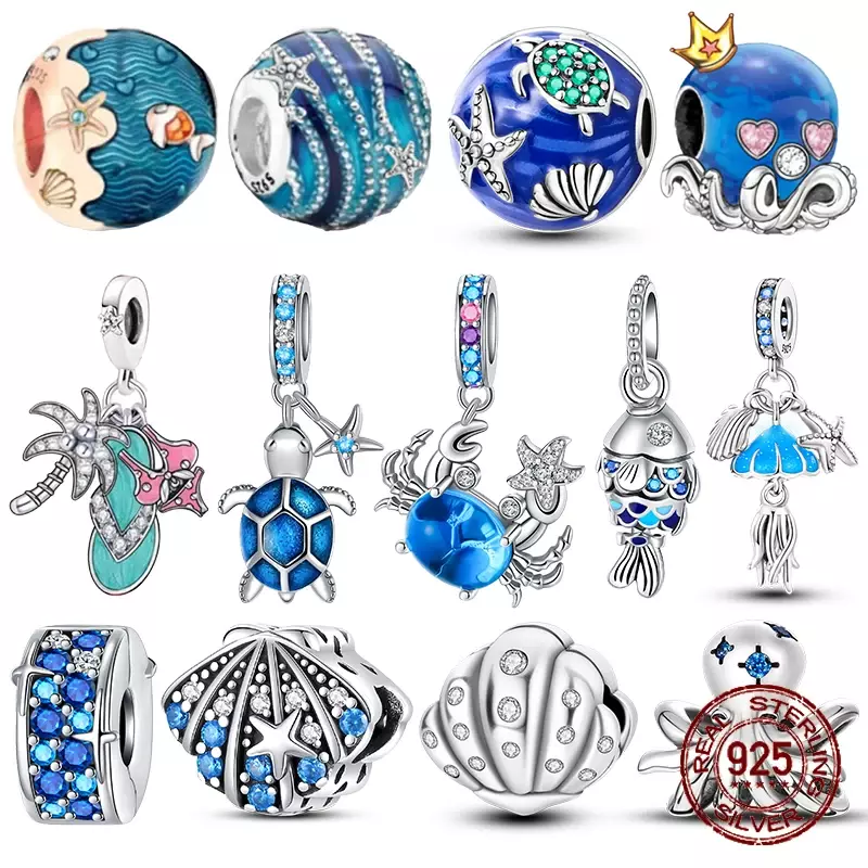 925 Sterling Silver Ocean Theme Charms para Mulheres, Tartaruga, polvo, Conchas, Beads, Fits Pulseiras Pandora Originais, Fazer Jóias DIY