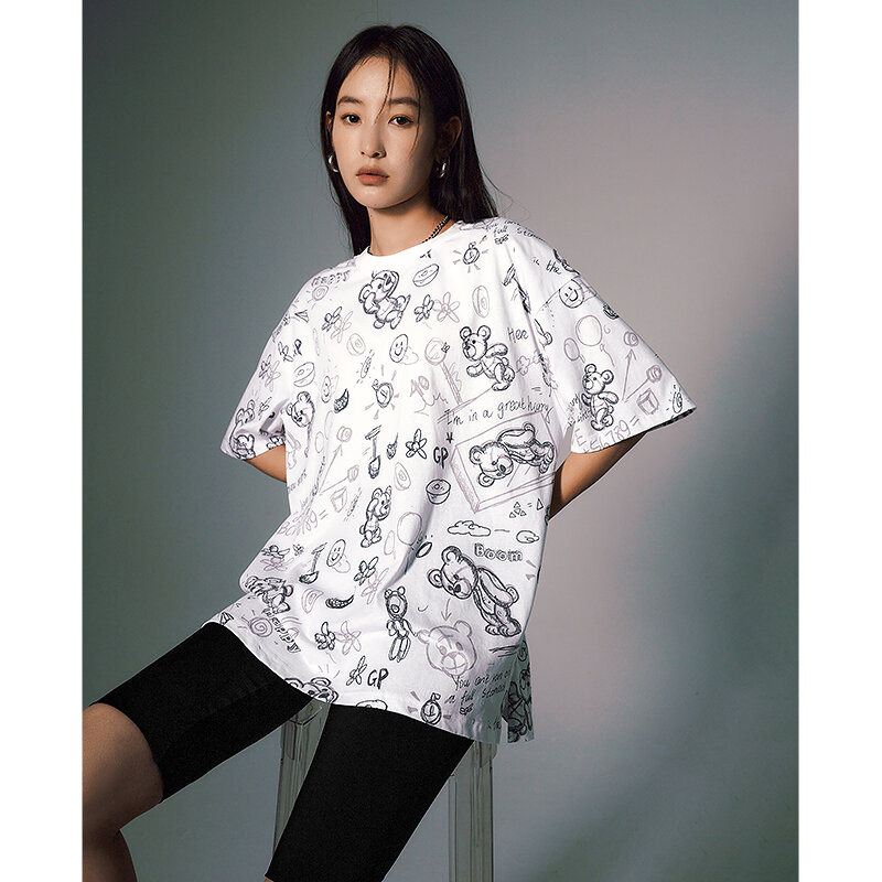 Toyouth 여성용 반팔 라운드넥 루즈핏 티셔츠, 재미있는 그래피티 곰 프린트, 캐주얼 시크 핑크 화이트 상의, 2023 여름