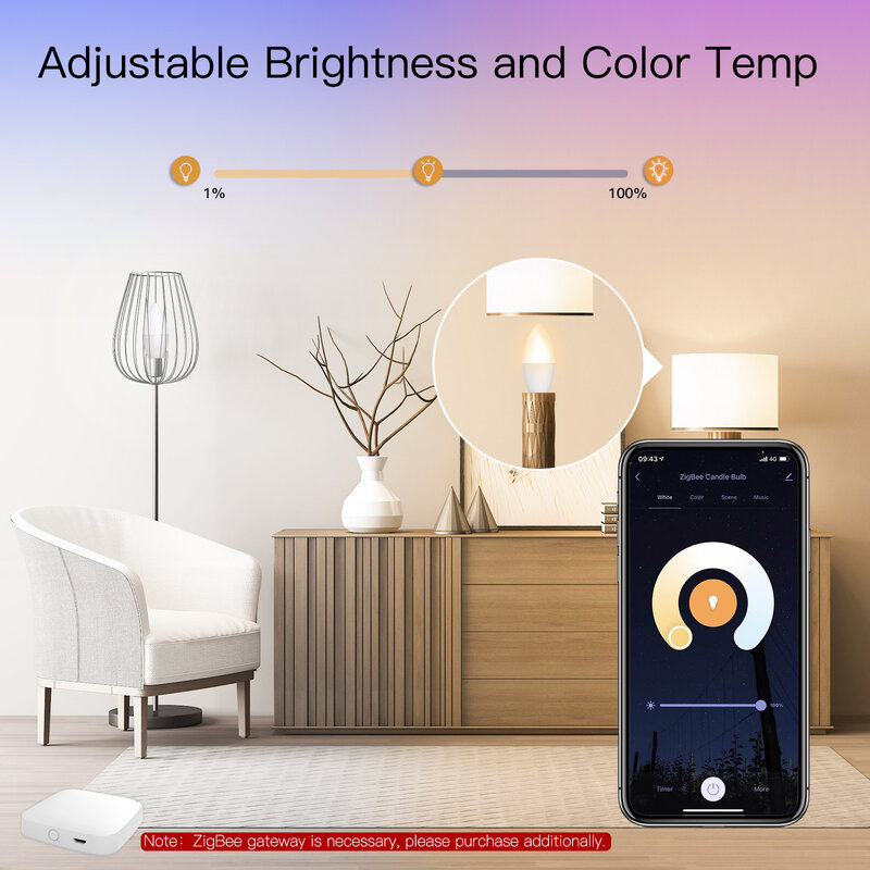 MOES Zigbee LED 전구 E14 양초 램프, 스마트 5W RGBCCT 2200-6500K 디밍 가능 조명, 투야 알렉사 구글 음성 제어