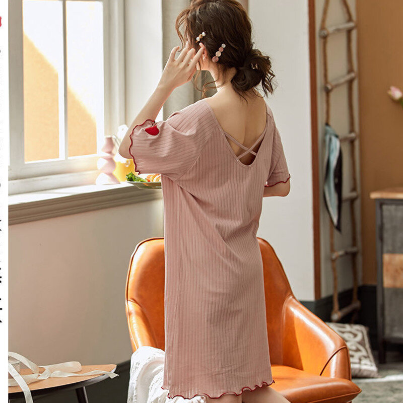 Романтичная Летняя женская ночная рубашка с коротким рукавом и оборкой в виде любящего сердца, с перекрестной оборкой и открытой спиной, легкое корейское милое платье в стиле Харадзюку