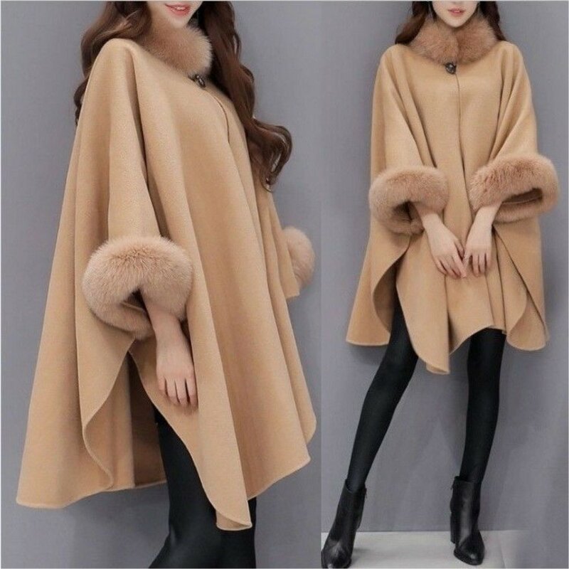 Women 2023 Autumn Winter Elegant Bat Type Solid A-line Cloak Fur Collar Three Quarter Wool Coat Overcoat Korean Oversized 5XL