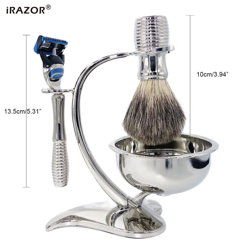 iRAZOR Unique Men's 5-Layer Fusion Razor Shaving Bowl and Badger Hair Brush Set Beard Grooming Tools Gifts Kit for Men