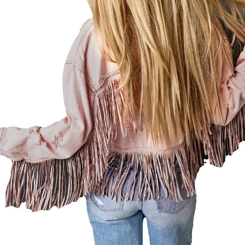Женское джинсовое пальто Shi Ying, розовое короткое модное зимнее пальто с бахромой, 8512530
