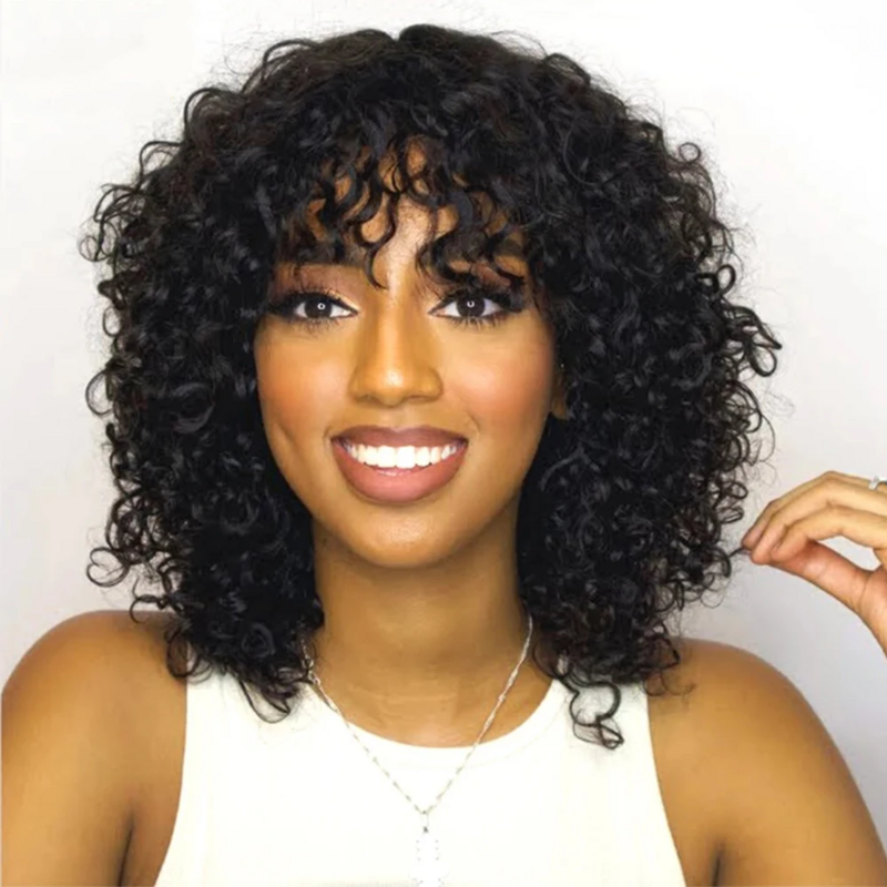 14" Water Wave Pixie Cut Human Hair Wigs For Women Curly Pixie Cut Wigs With Bangs Fringe Curly Full Machine Made Wigs