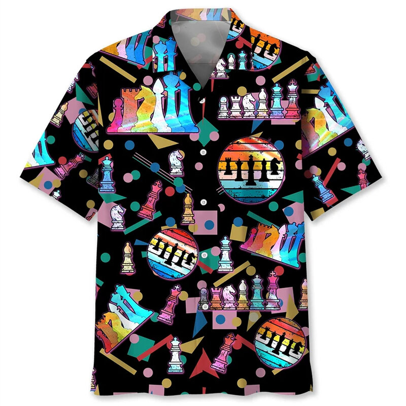 メンズとレディースの3Dプリントシャツ,チェスの色付き3Dプリントシャツ,シングルブレスト,半袖,夏用