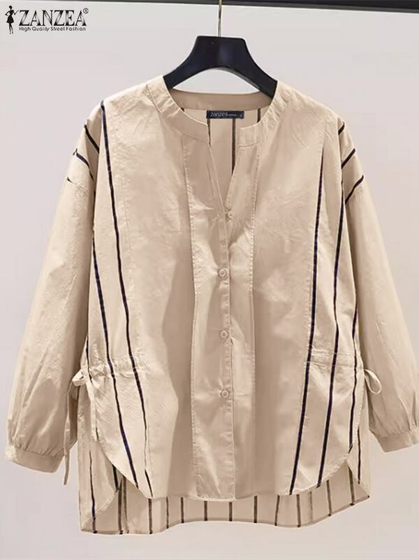 Zanzea Frauen Freizeit hemden koreanische Mode gestreifte Patchwork übergroße Blusen Frühling Langarm Stand Kragen unregelmäßigen Saum Blusa