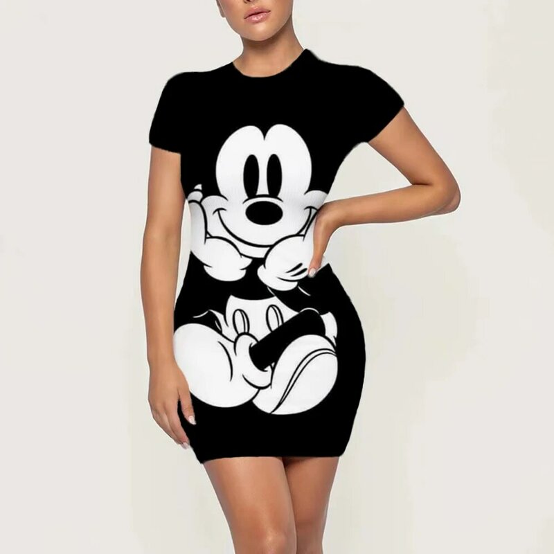 Disney Minnie Mickey Mouse Cute Cartoon Print Short Sleeve Sexy Night Club Tight Dress Summer Fashion Bag Hip Beach Party Dress