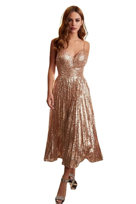 Sexy Wedding Guest Dress Women Rose Gold Backless Slim Vestidos Sleeveless Evening Party Prestigious Cocktail Gowns