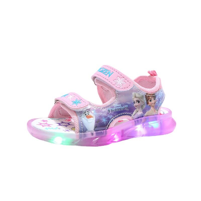 Disney Princesa Elsa Anna Princesa Sandálias, sandálias infantis de verão, sapatos de praia LED Light, rosa, roxo, tamanho 21-31