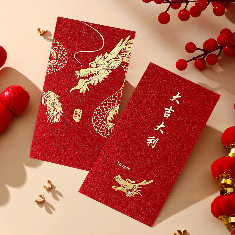 Saco envelope vermelho, ano lunar chinês, desenho animado do festival da primavera, ano do dragão, ano novo, 6 unid, 2024