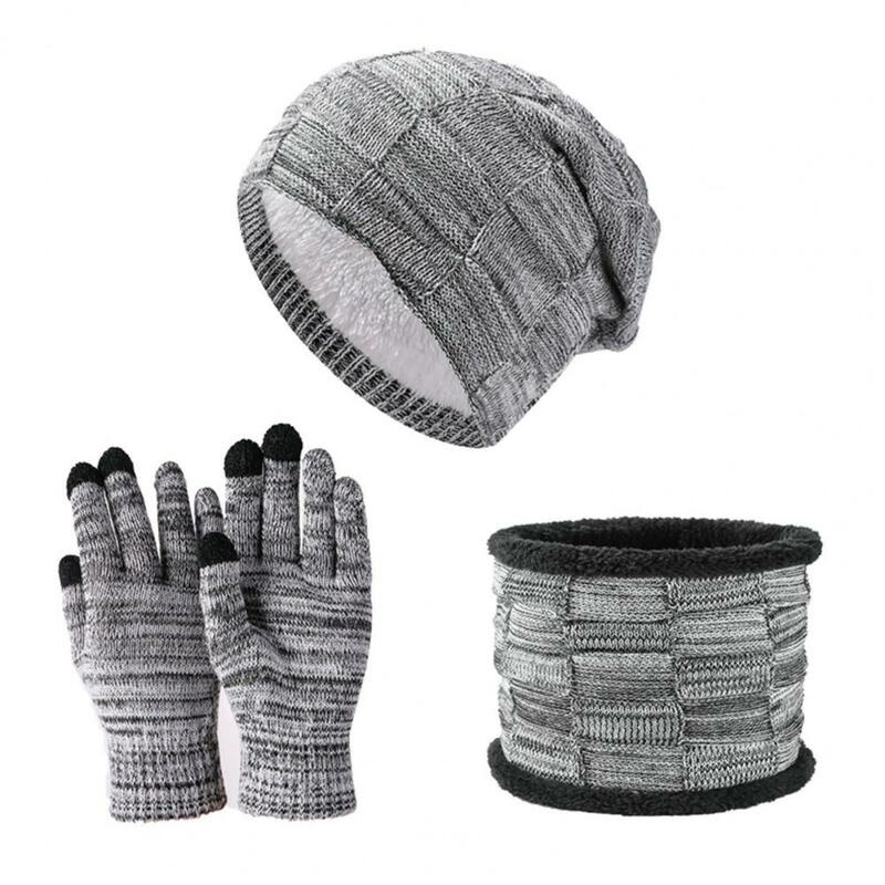 3Pcs/Set Winter Hat Gloves Neck Warmer  Stretchy   Knit Hat Gloves Neck Warmer Winter Men Ladies Knit Cap Gloves Scarf Kit