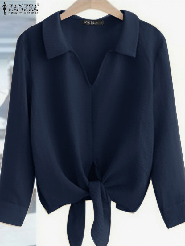 Блузка ZANZEA Женская Офисная с V-образным вырезом, модная Однотонная рубашка с длинным рукавом, повседневный топ для отдыха, офисная одежда оверсайз, весна 2024