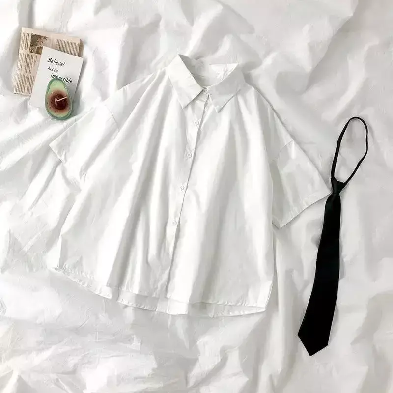 Белая женская рубашка с галстуком в японском стиле, молодежная блузка оверсайз в стиле преппи, простой однотонный Свободный Летний Топ L3204