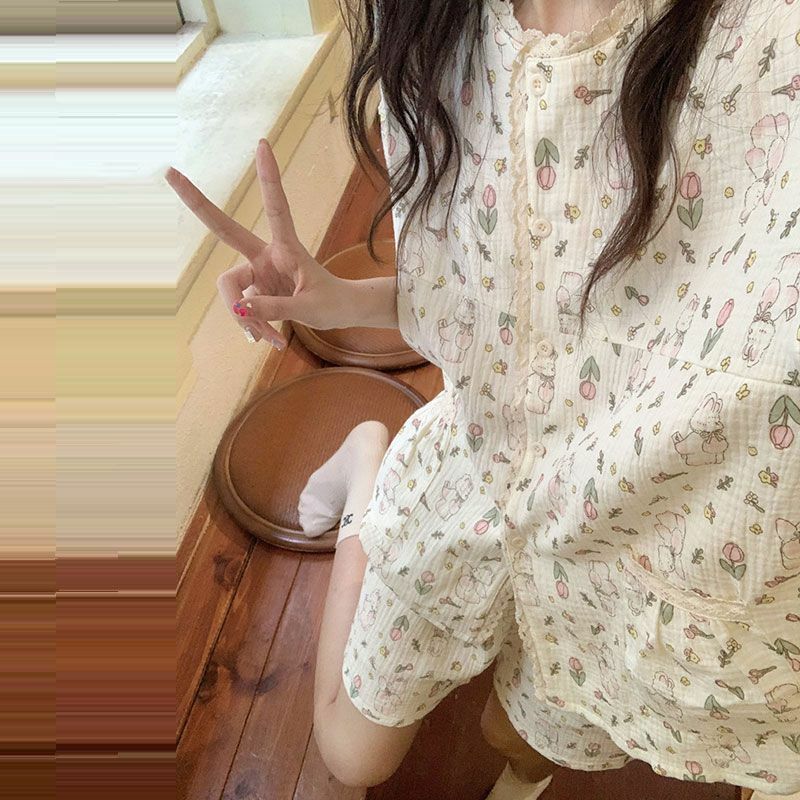 Kawaii Lace Sleepwear donna due pezzi set manica corta Cardigan Shorts pigiama set estate giapponese Loungewear Nightwear Print