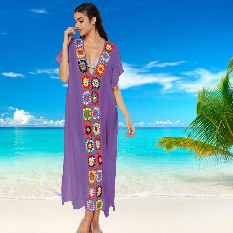 Breathable Beach Cover Up Stylish Women's Crochet Flower Cover Up Dress for Beach Pool V-neck Swimsuit Cover-up with Side Split