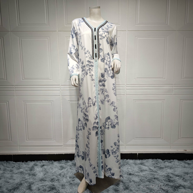 Gaun motif Hui untuk wanita Muslim, pakaian Muslim kasual kerah V Dubai, pakaian longgar bergaya Vintage untuk wanita