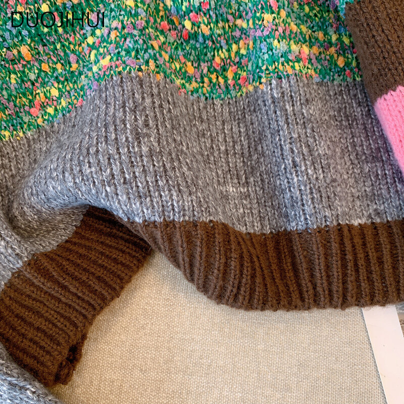 DUOJIHUI Sweater rajut wanita, pullover wanita motif garis warna kontras model baru musim gugur klasik leher O simpel kasual