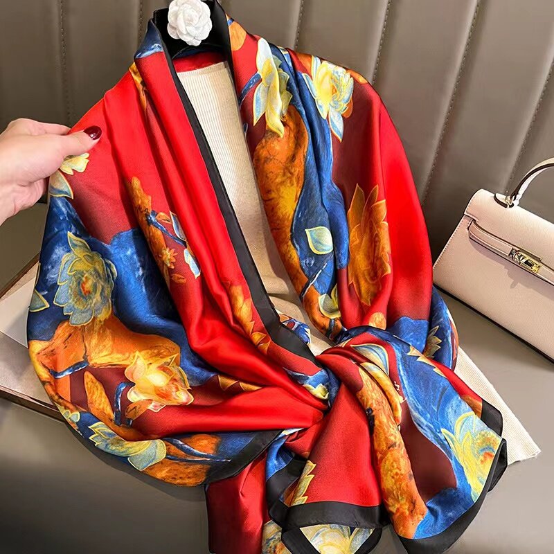 Damski jedwabny szalik zimowy z luksusowy Design nadrukiem chusty plażowe modne gładkie damskie hidżab
