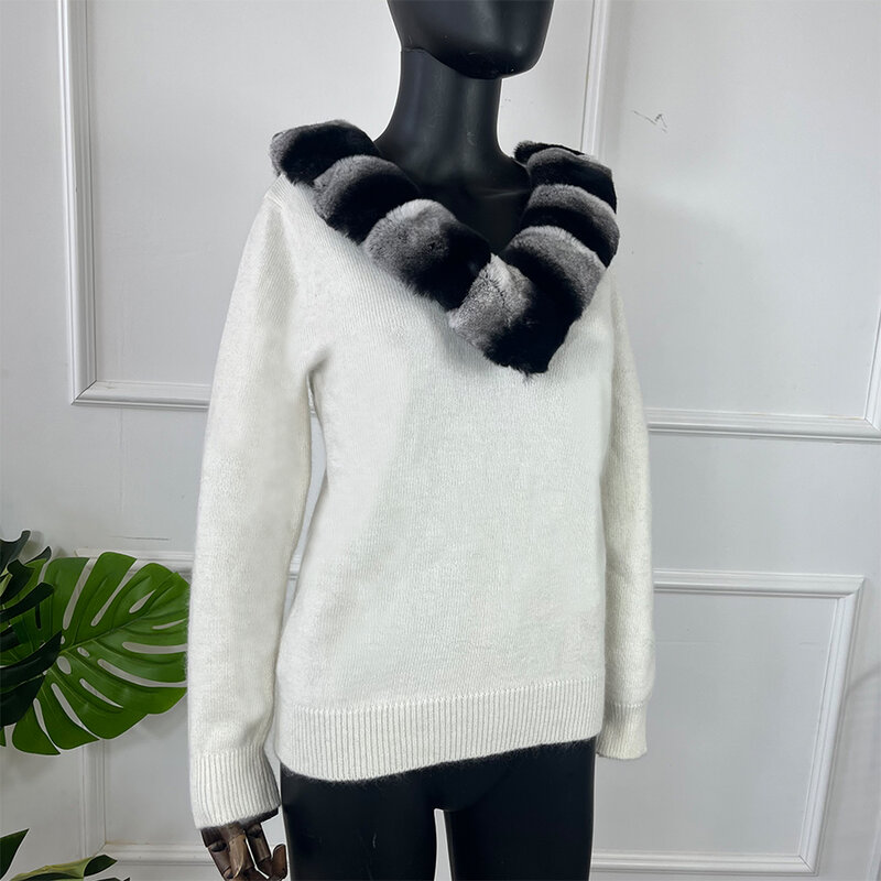 Casaco de pele de lã real feminino cashmere camisola feminina com gola de pele de coelho rex natural novo 2022 moda inverno