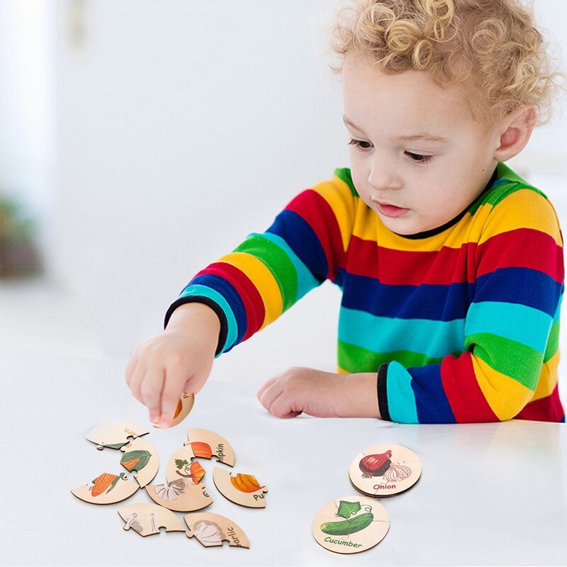 Let's Make – Puzzle en bois pour bébé, jouet éducatif Montessori, apprentissage du bon sens, Animal, légumes, jeu de correspondance Cognitive