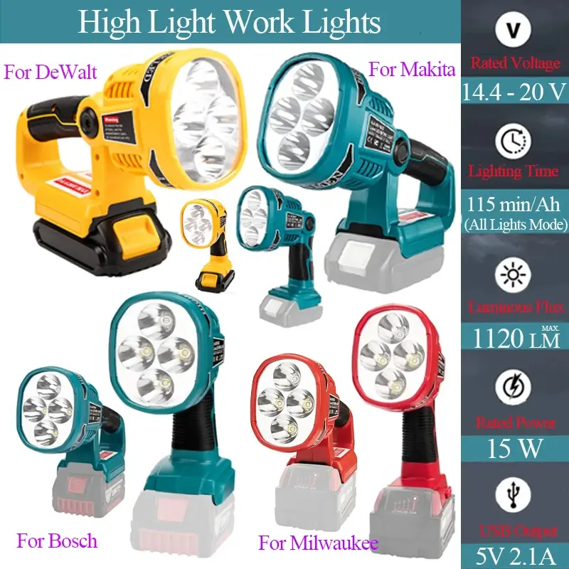 Lampu sorot LED portabel, lampu senter, lampu peringatan, lentera tangan untuk Makita 14.4V 18V BL1830 BL1430 baterai Li-ion