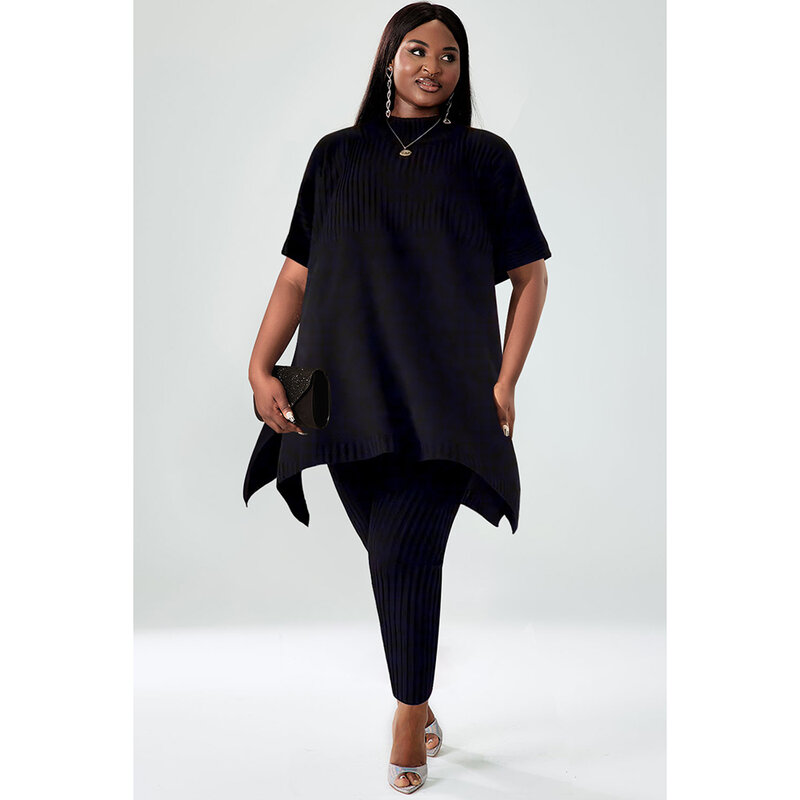 Plus Size Casual Pant Sets Black Mock Neck Short Sleeve Knitted Two Piece Pant Sets