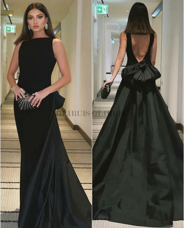 O Neck Black Backless Bow Prom Dress A Line Sleeveless Long Train Dubia Evening Night Party Dresses Vestidos Prom Gowns