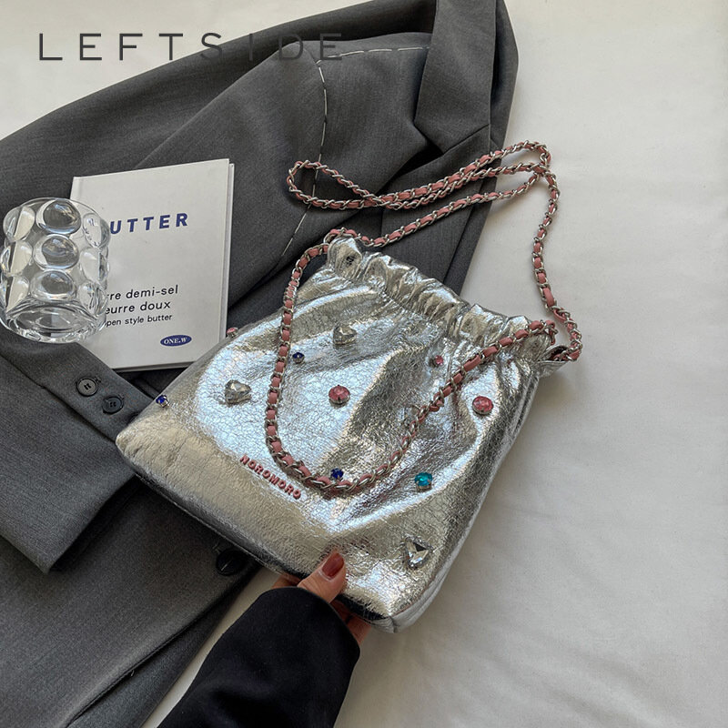 Leftside-Sacs à bandoulière en cuir argenté pour femmes, design de diamants de luxe, mode coréenne JOinitiated, sacs à main, 2023